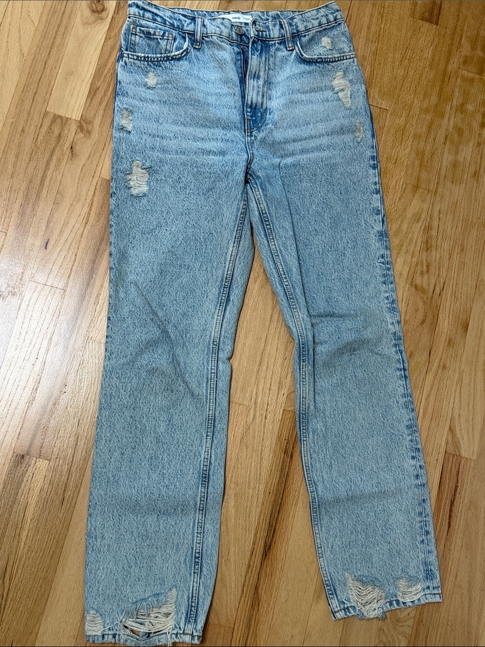 Mango Light Blue Distressed Straight Jeans